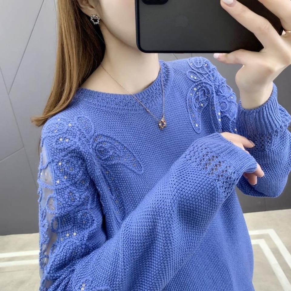 New Round Neck plus size Women 2023 Spring and Autumn Pullover Lace Base Shirt Long Sleeve Loose Hollow Knitted Sweater for Women