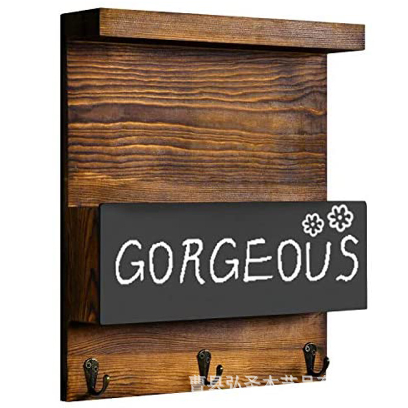 Estante de periódicos de madera Estante de almacenamiento colgante Estante de correo de madera montado en la pared con gancho de llave de pizarra