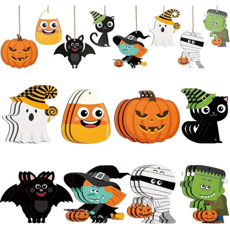 新しい木製ハロウィンツリージュエリークラシックカボチャ魔術帽子コウモリミイラフランケンシュタイン装飾ペンダント|undefined