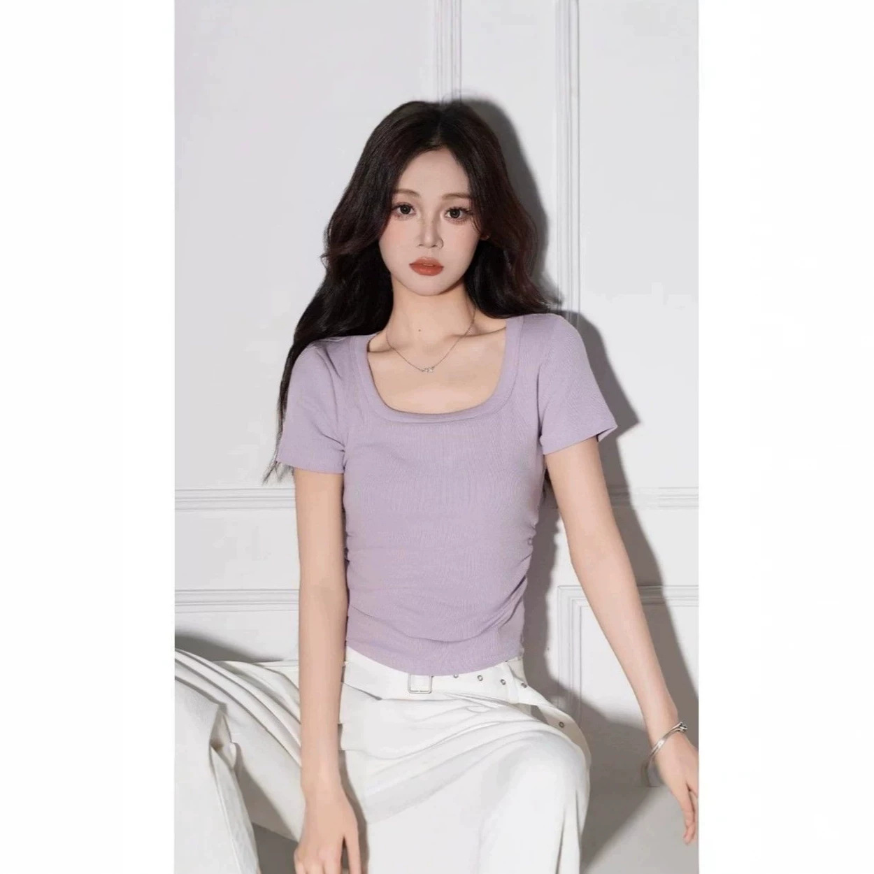 Hot Girl Pure Desire Style Square Neck Summer Short-Sleeve Top with Pleated Design, New Style, Slim Fit, Waist-Cinching Short Top