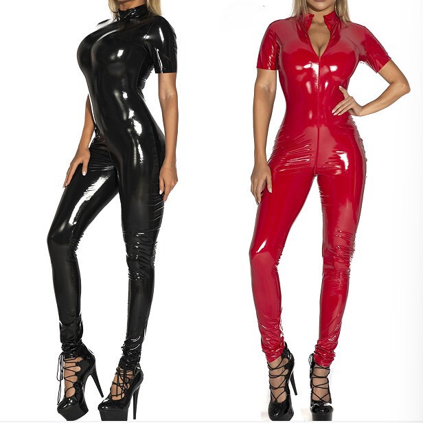 Half-Sleeved Latex Clothing for Women, Latex Bodysuits for Men and Women, Tight-Fitting Jumpsuits with Front Opening and Crotch Zipper Body Shapers