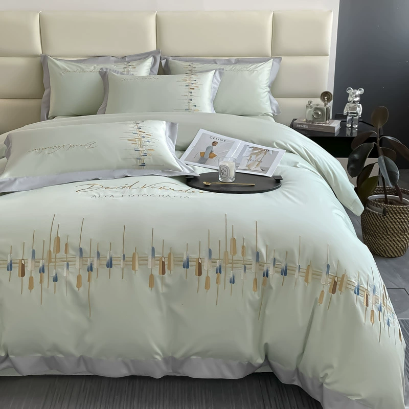 Современный модный хлопковый комплект простыня оптом стиль light luxury с вышивкой простого и элегантного дизайна комплект из 4 предметов