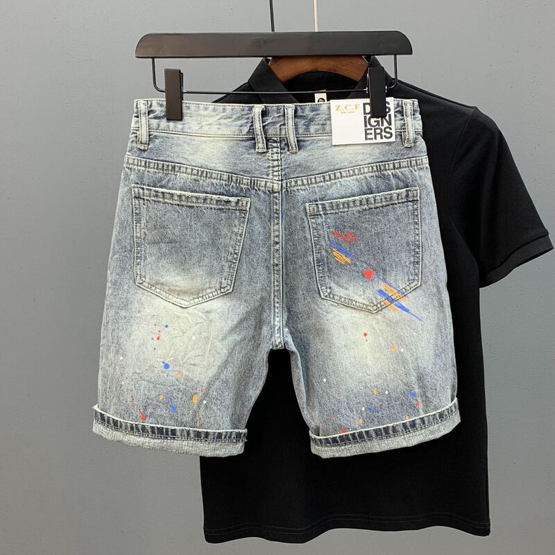 Cats with Hole Denim Shorts Men's Personalized Printed Splash Ink 2023 Summer New Korean Style Slim-Fit Trendy Brand Quad Pants