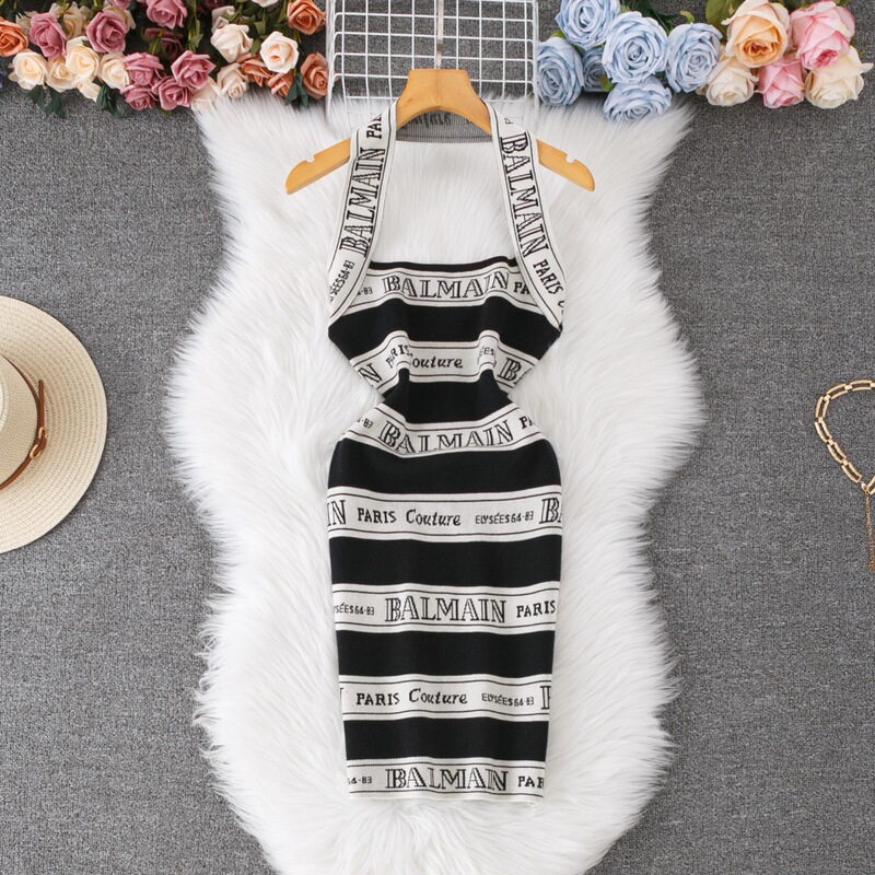 2026 Summer New Style Halter Neck Dress with European and American Style, Jacquard Letter Logo, Backless Slim-Fit Knit Dress for Export