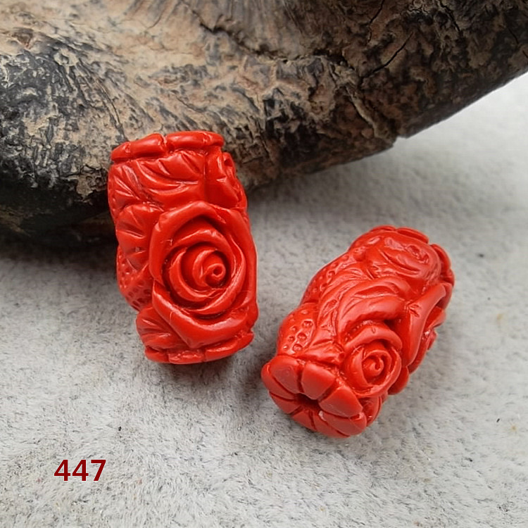 台湾天然朱砂雕花玫瑰桶珠 447