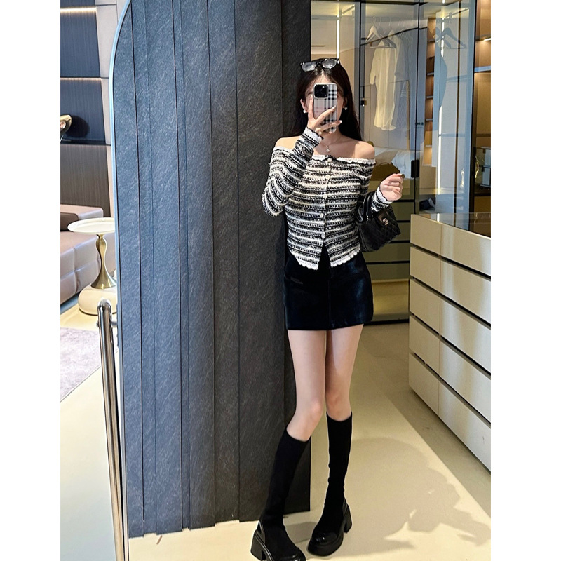 Black and White Striped Off-Shoulder Tweed Knit Jacket for Women, Autumn New Slim-Fit Chanel-Style Top, 2025 New Model