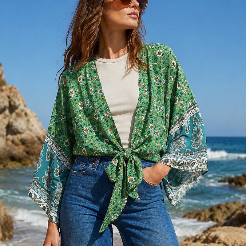 2026 Summer Cross-Border Foreign Trade New European and American Floral Print V-Neck Batwing Sleeve Bohemian Style Beach Cover-Up
