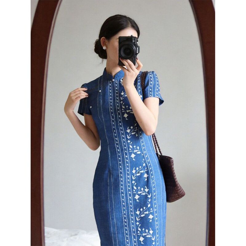 New Chinese-Style Women's Clothing in Indigo Blue with Diagonal Placket, National Style Embroidery, Improved Qipao Dress, Summer Daily Hanfu Dress