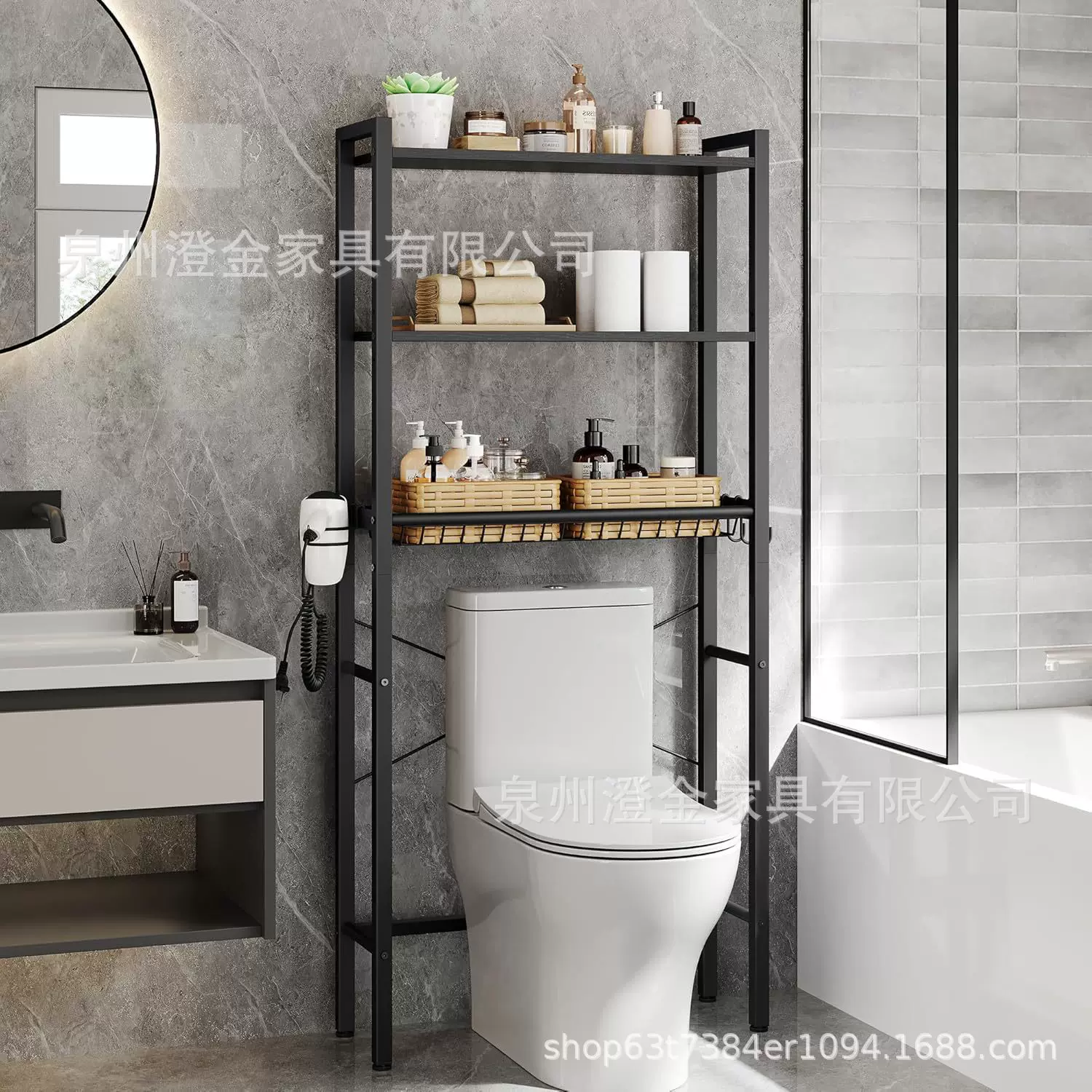 跨境定制马桶上方储物架可调搁板篮子浴室收纳架3个挂钩节省空间