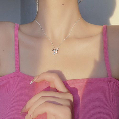 South Korea Dongdaemun 925 sterling silver bow necklace women's light luxury ins niche versatile bestie clavicle chain Xiaohongshu