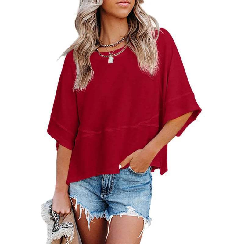Camiseta Holgada Informal de Manga Campana con Estilo Nuevo y Color Sólido en Patchwork, Éxito de Ventas en Amazon Europeo y Americano 2025 para Mujer