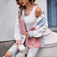 2024 Tiktok クロスボーダーヨーロッパとアメリカのアマゾンカラーブロックロープシャツカラーブロックパッチポケットオフショルダーコーデュロイコート