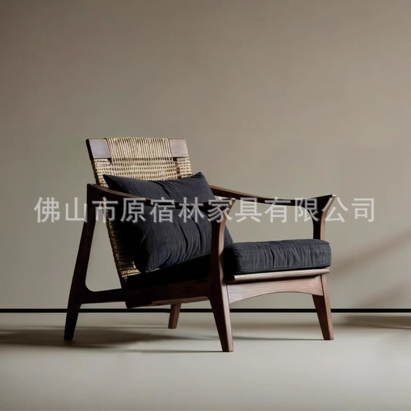 Solid Wood Rattan Chair Leisure Chair New Chinese Style Designer Leisure Chair High-End French Simple Backrest Chair Living Room