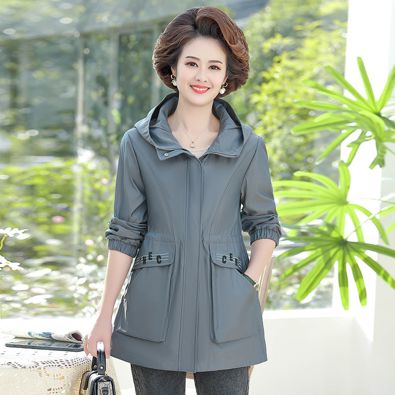 中长款连帽外套女2021春新款中年妈妈装宽松显瘦百搭洋气风衣批发|ms