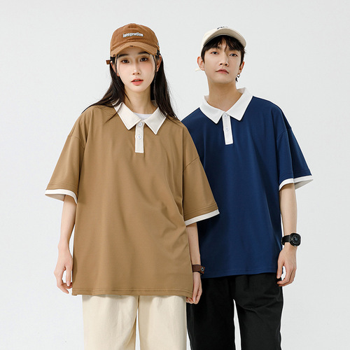 Men's Summer Live-Stream New University Student Trend Loose Fit Streetwear Brand Hong Kong Style Double Pearl Short-Sleeve T-Shirt with Collar POLO Shirt