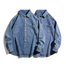 水洗棉长袖牛仔衬衫男内搭春秋季复古做旧翻领外套情侣衬衣男女装