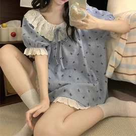 新款25夏季甜美花边碎花睡衣女款短袖宽松可外穿高级感家居服套装