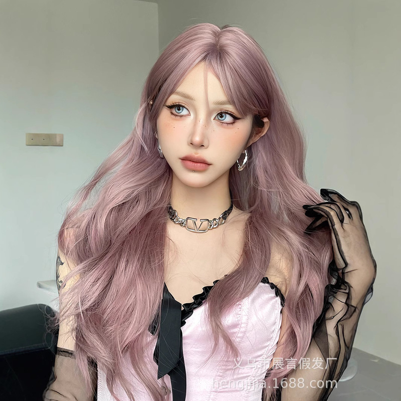 Cross-border wig female long hair pink long curly hair wig female full head cover lolita wig natural realistic wig cover