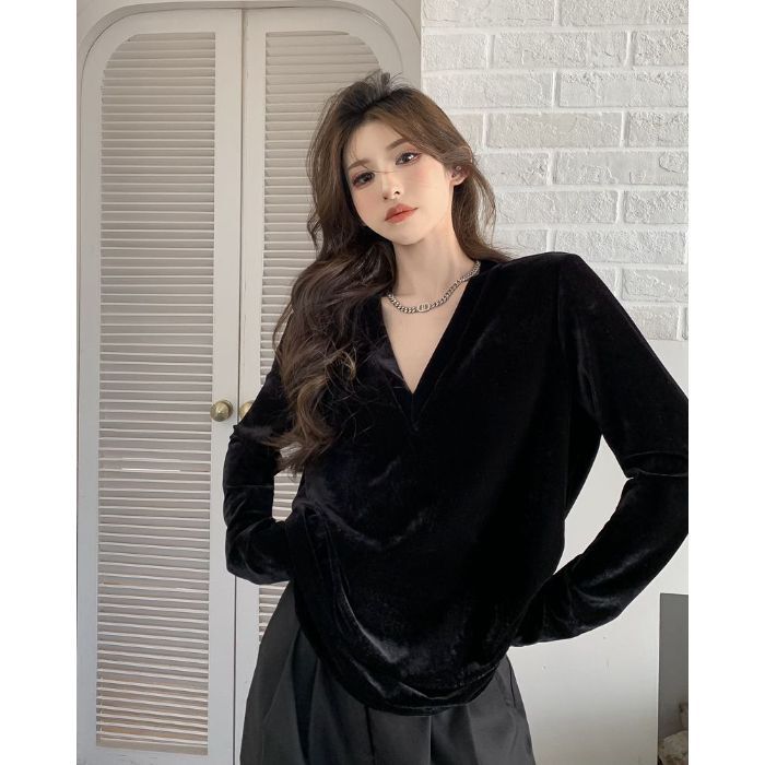 【自宅工場現物】vネック長袖ベルベットtシャツ女性気質ゆるい中長タイプのインナーシャツ上着|undefined