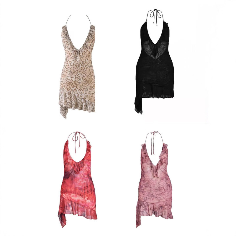 Iamgia American Sexy Sexy Printed V Neck Asymmetrical Suspender Dress Backless Pleated Lotus Leaf Strap Skirt Iamgia American Sexy Sexy Printed V Neck Asymmetrical Suspender Dress Backless Pleated Lotus Leaf Strap Skirt