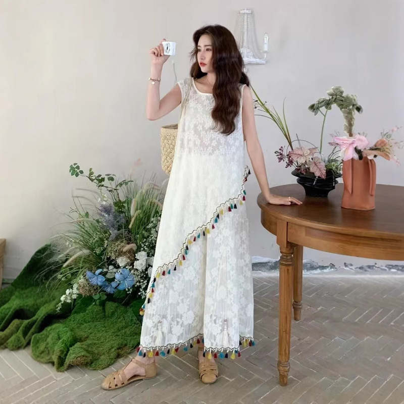 Summer New Style Girls Wide Shoulder Straps Niche Ethnic Style Bohemian Tassel Skirt Blouse Vest Skirt Fake Two-Piece Set