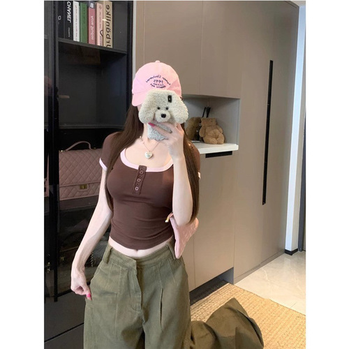 Retro Color-blocking U-neck Single-breasted Short-sleeve T-shirt Women's Summer 2025 New Fitted Slimming Short Top