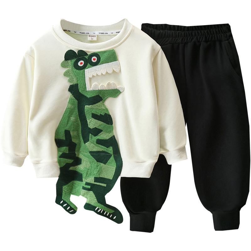 6147 Traje de dinosaurio para niños Otoño 2025 Nuevo suéter de dibujos animados para niños Estilo de primavera y otoño para bebés Conjunto de dos piezas de estilo occidental