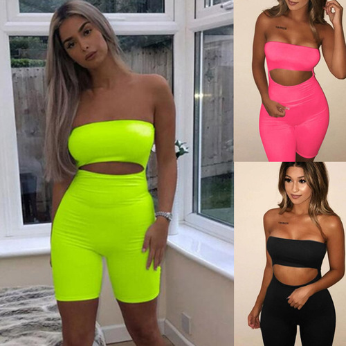 Women's Solid Color Sexy Backless Tube Top Short Sports Jumpsuit Milk Silk Sexy Tube Top Jumpsuit