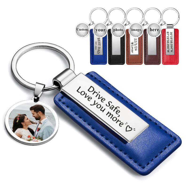 Personalized Metal Pu Leather Keychain with Customizable Photos and Text, Gift for Men and Women, Car and Motorcycle Pendant