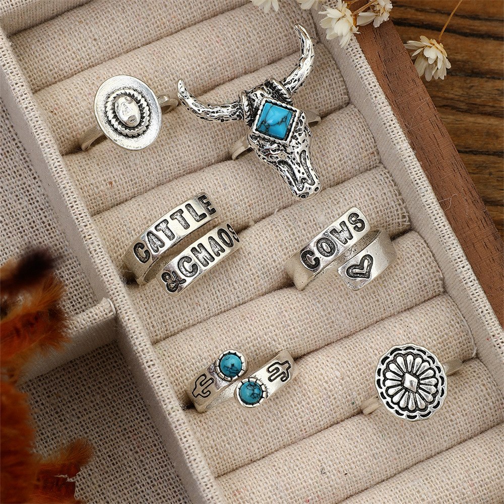 Adjustable Ring Size 1 Set Quantity Holiday, Travel, Daily Occasion Retro Ethnic Style Cowboy Style Geometric Letter Heart Shape Alloy Plating Inlay Turquoise Women's Open Rings