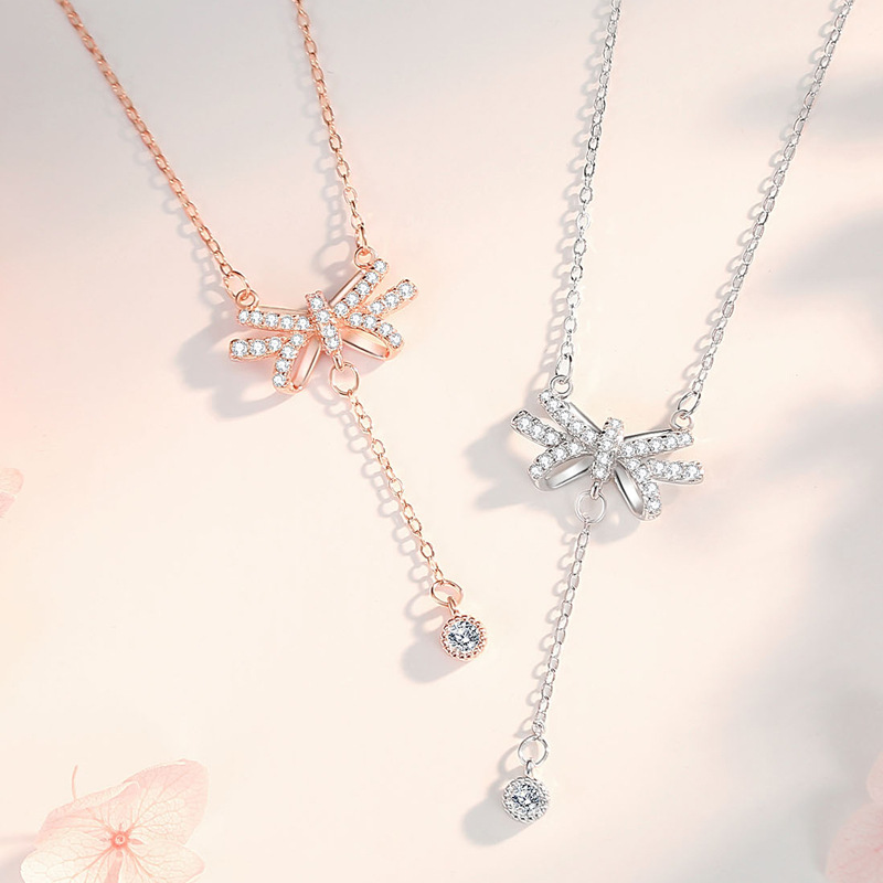 S925 plata con diamantes, lazo de niña, collar con borlas, temperamento fresco pequeño, diseño de moda salvaje, cadena de clavícula