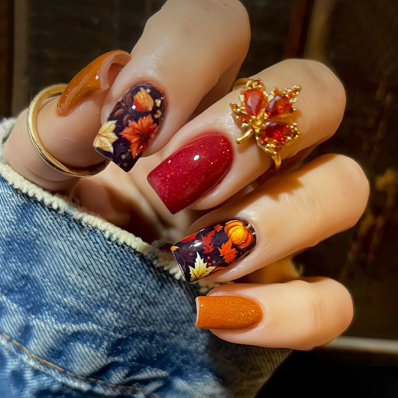 Cross-Border Chinese Classic Elegant Burgundy Orange Glossy Loose Powder Maple Leaf Pumpkin Stripes Sparkling Fake Nails