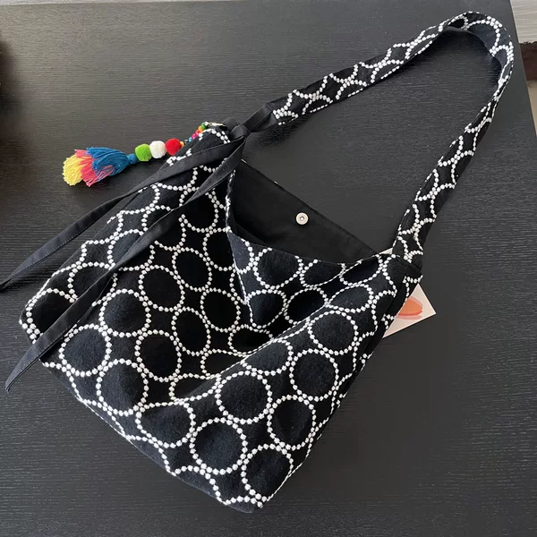 Japanese-Style Medium-Sized Hobo Bag with Akira Minagawa Wind Chime Design, Floral Cotton-Linen Fabric, Heavy Embroidery, Adjustable Shoulder Strap, Crossbody Bag