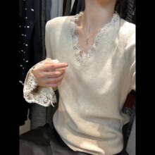 韩系蕾丝领长袖针织衫女秋季穿搭设计感内搭打底修身喇叭袖上衣