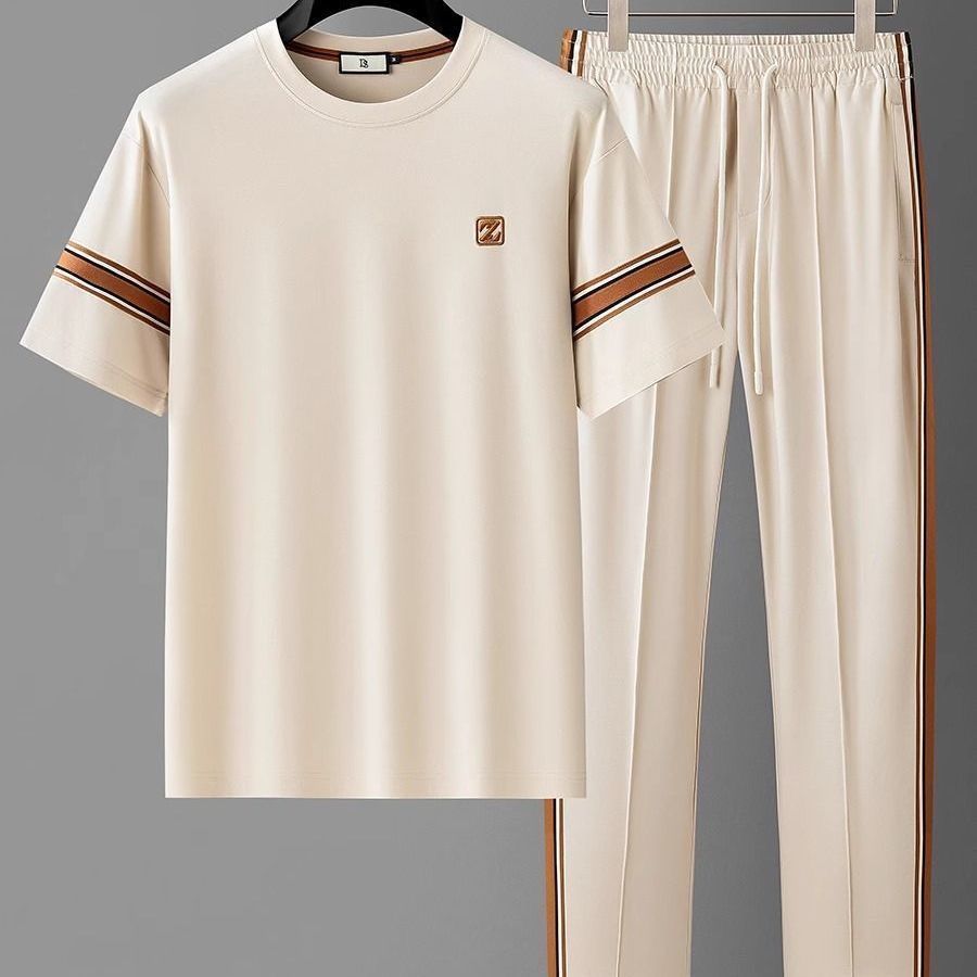 Men's New Summer Thin Sports Suit, Simple and Versatile, Fashionable Striped Embroidered Top, Casual Pants Two-Piece Set