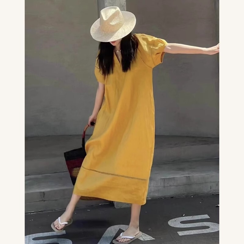 French High-End Style, Unique and Beautiful Lady Style Holiday Style Yellow Linen Dress for Women 2025 Summer