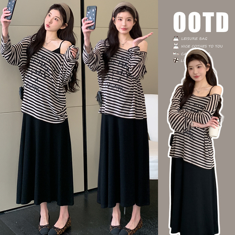 Maternity Spring Dress Trendy Mom New Style Striped Top and Slip Dress Spring/Summer Set High-End Outfit for Pregnant Women