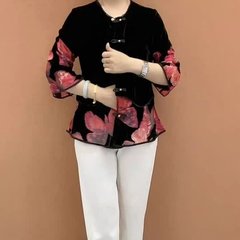 一件代发直播爆款2025秋季新款时尚圆领新中式拼色丝绒洋气打底衫