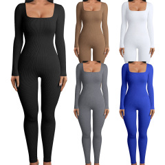 外国貿易の婦人服の純色の長袖のベストの連体の服のねじの方の襟は背を出して尻を持ち上げて体を修理します。