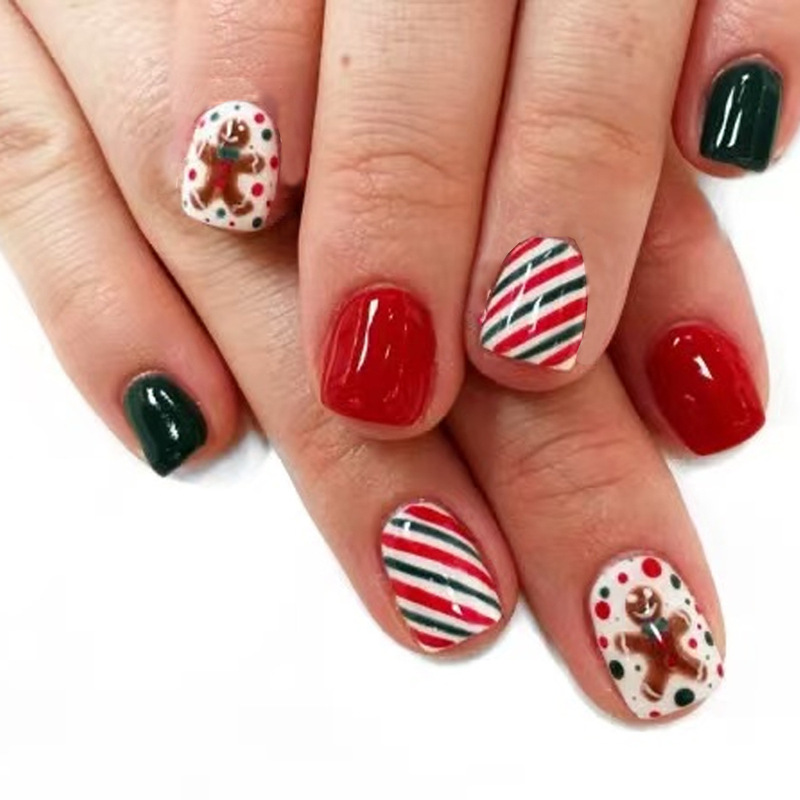 Christmas Blue, Red and White Stripesd Snowman Polka Dot Design Short Square Wearable Manicure Nail Polish Finished Fake Nail Patch Christmas Blue, Red and White Stripesd Snowman Polka Dot Design Short Square Wearable Manicure Nail Polish Finished Fake Nail Patch