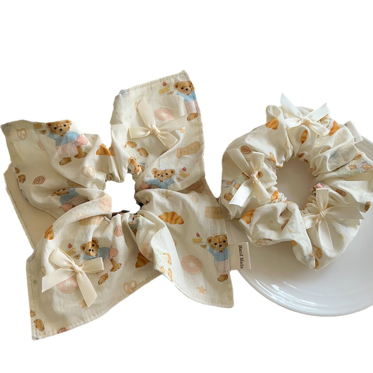 Crema niña oso lazo arte de tela intestino grueso cuerda para el cabello bufanda cuadrada cuerda para la cabeza cola de caballo banda de goma accesorios para el cabello tocado nuevo