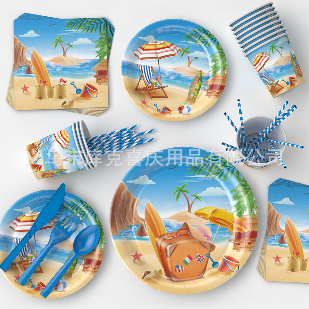 Nuevo Tema de vacaciones de playa bandeja de papel desechable taza de papel toalla vajilla traje de verano fiesta decoración suministros