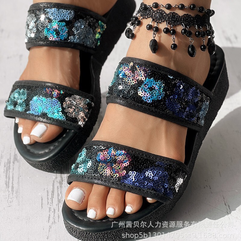 Lzt8263A1 European and American Sequin Wedge Round Toe High Heel Sandals