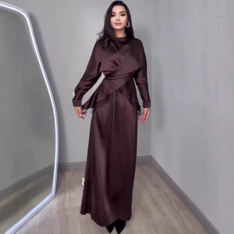 Long-Sleeved Elegant European and American Style New Dress Set, Winter Cross-Border Amazon 2025 Silky Long Dress Long-Sleeved Elegant European and American Style New Dress Set, Winter Cross-Border Amazon 2025 Silky Long Dress