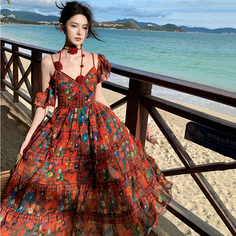 Dopamine Tyrande Island Resort Style French Retro V Neck Suspender Floral Long Skirt Vacation Dress