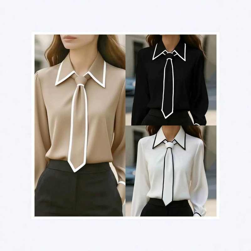 2026 New Elegant Commuting Long-Sleeve Shirt for Women with Turn-down Collar and Tie, Solid Color Satin Professional Top, Elegant Style 2026 New Elegant Commuting Long-Sleeve Shirt for Women with Turn-down Collar and Tie, Solid Color Satin Professional Top, Elegant Style
