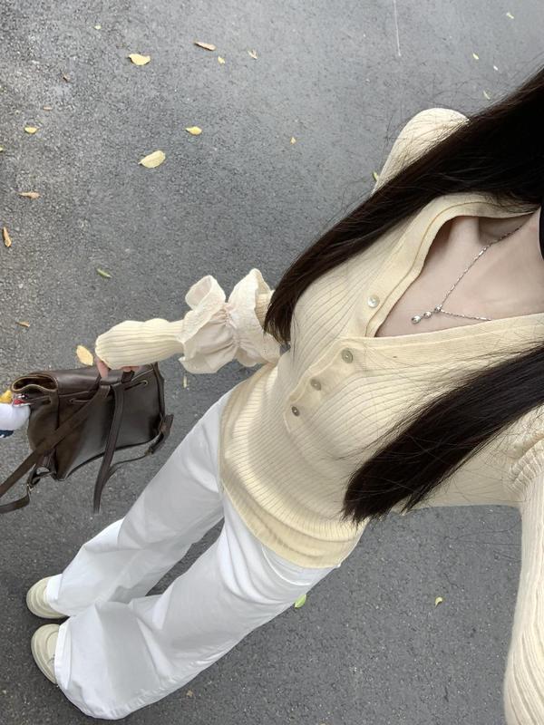 韩系早秋季黄色v领针织衫上衣女装2025新款修身显瘦收腰套头毛衣|undefined