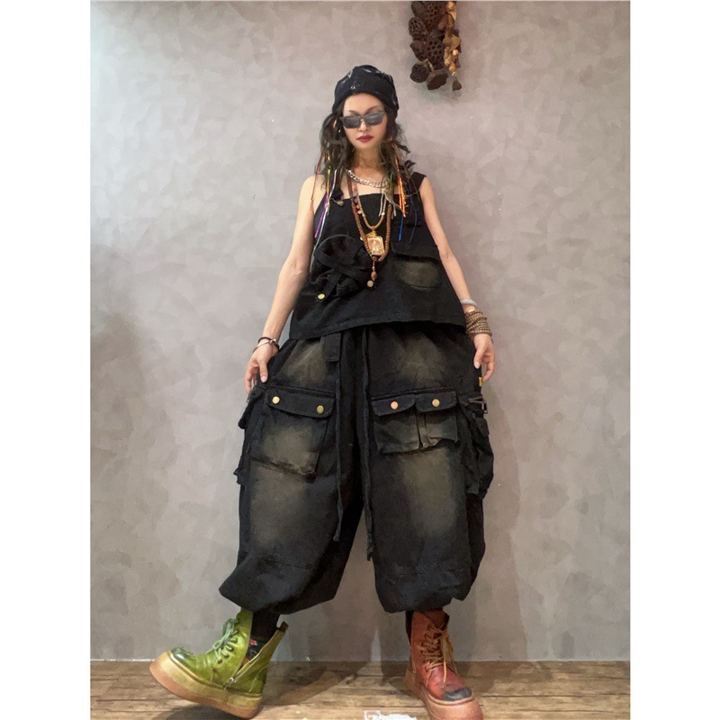 Personalidad de moda cool chaleco de calles sin mangas de bolsillo vaqueros pantalones de trabajo sueltos ociosos grandes set de moda image 4