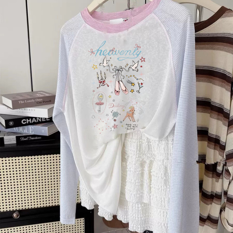 Cartoon Printed Long-Sleeved Raglan Sleeve Sun Protection Blouse Women's Top Autum New T-Shirt