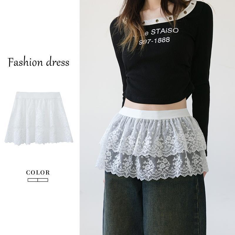 New Style Layered Lace Hem Skirt for Spring and Autumn, Women's Lace Short Skirt, White Hip-Covering